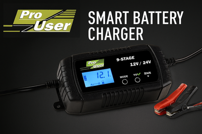Pro-User smart battery charger with LCD screen, alligator clips, and branding, set against a dark background with bold white text.