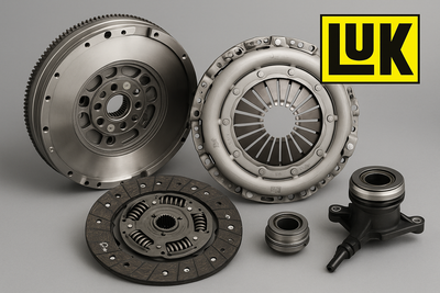 LUK clutch kit with pressure plate, dual-mass flywheel, clutch disc, release bearing, and concentric slave cylinder arranged on gray background with LUK logo.