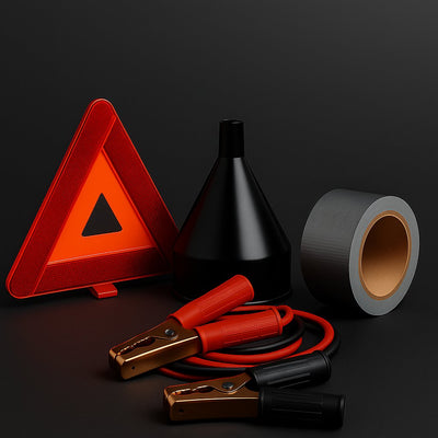 Car accessories including jumper cables, warning triangle, funnel, and duct tape on a dark background