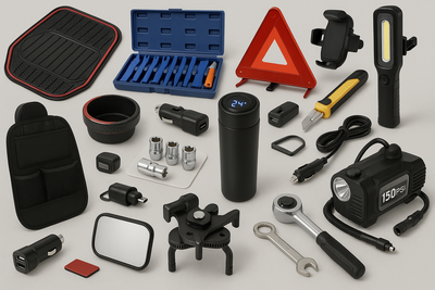 Autogear car accessories including phone holders, floor mats, utility tools, air compressor, blind spot mirrors, and USB chargers for vehicles in South Africa
