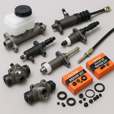 Brake master cylinder, clutch slave and master cylinder, clutch cable, wheel cylinders, and hydraulic repair kits on a clean workshop background – Modern Auto Parts South Africa