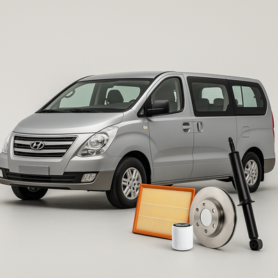 Hyundai H-1 minibus with air filter, brake disc, oil filter, and shock absorber – available at Modern Auto Parts South Africa
