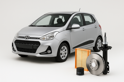 Hyundai Grand i10 with air filter, brake disc, oil filter, and shock absorber – available at Modern Auto Parts South Africa