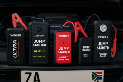 Jump starters for cars and bakkies in South Africa – portable battery boosters including Winsen, Dixon, AutoGear, and Power-X models with clamps