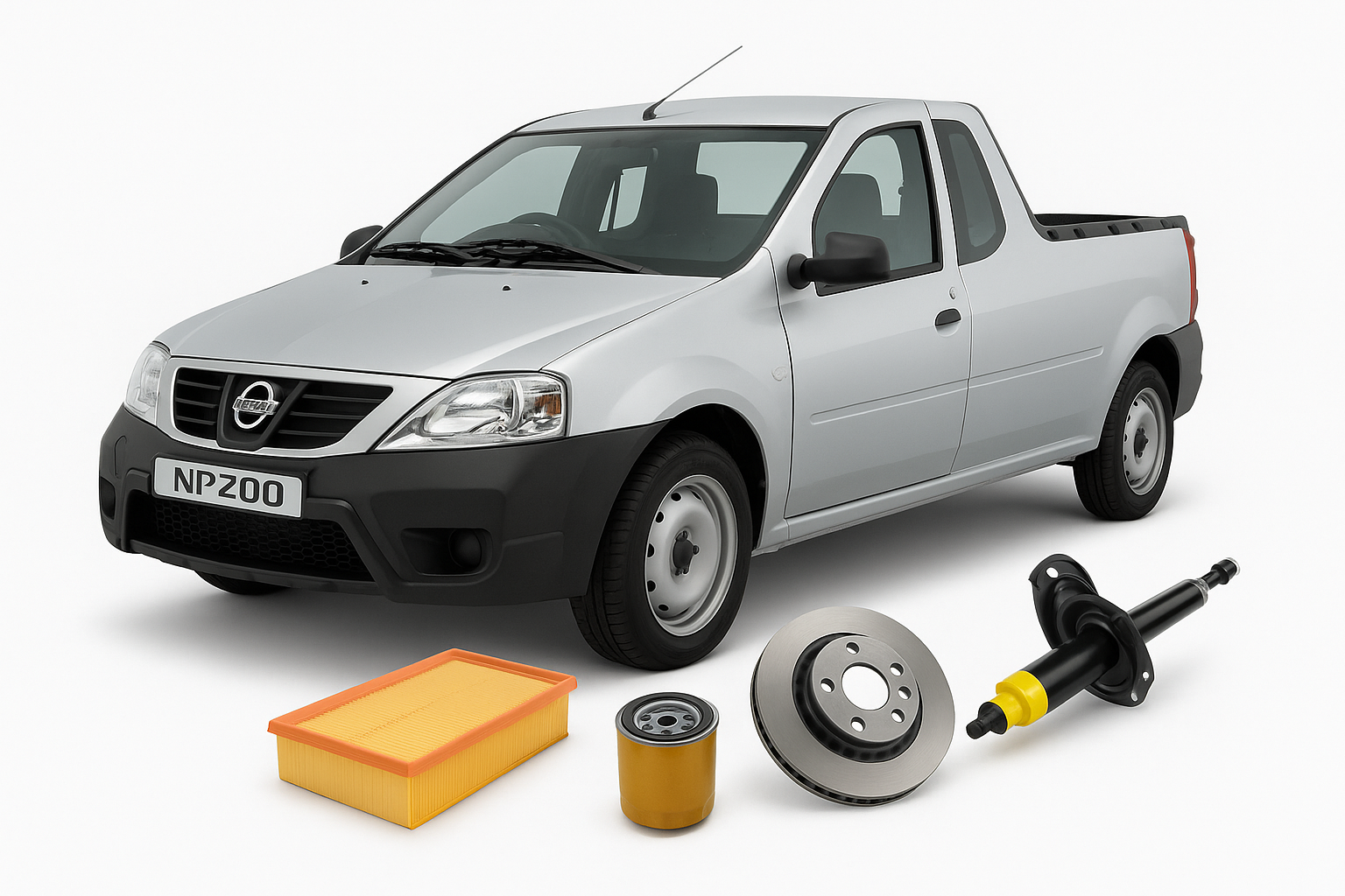 Nissan NP200 bakkie with air filter, brake disc, oil filter, and shock absorber – available at Modern Auto Parts, South Africa