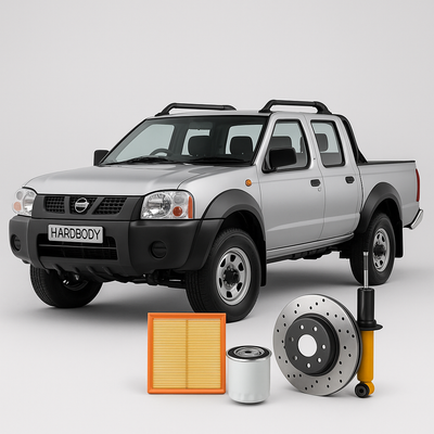 Nissan NP300 Hardbody bakkie with air filter, brake disc, oil filter, and shock absorber – available at Modern Auto Parts South Africa