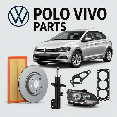 Polo Vivo car parts including air filter, brake disc, shock absorber, gasket, and headlight – available at Modern Auto Parts, Cape Town Midas franchise