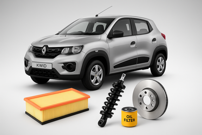 Renault Kwid with air filter, brake disc, oil filter, and shock absorber – available at Modern Auto Parts South Africa
