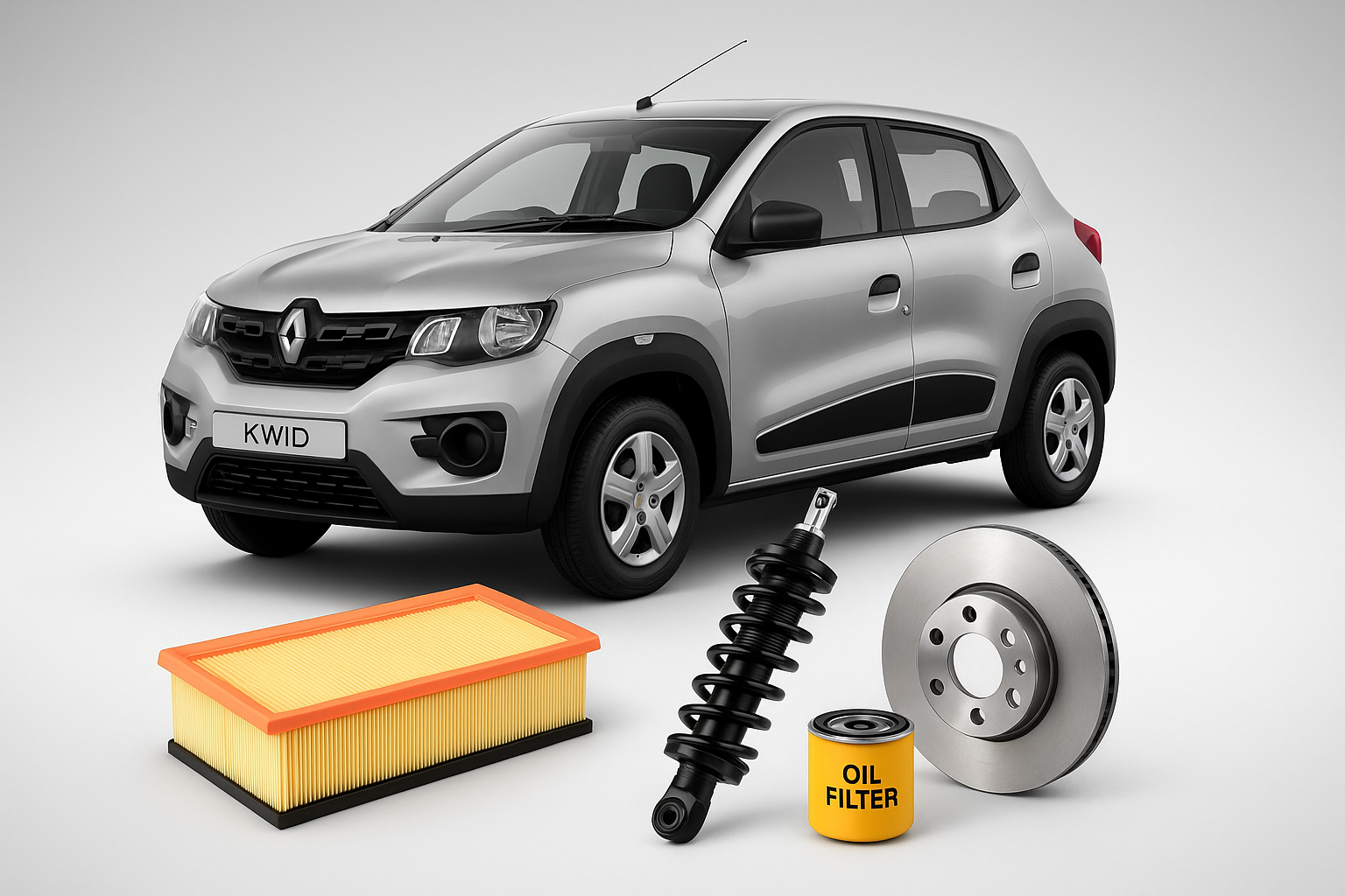 Renault Kwid with air filter, brake disc, oil filter, and shock absorber – available at Modern Auto Parts South Africa