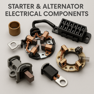 Starter and alternator electrical components including carbon brushes, brush holders, bushings, solenoid contacts and repair kits for automotive vehicles