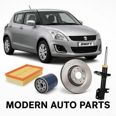 Suzuki Swift with air filter, oil filter, brake disc, and shock absorber – available at Modern Auto Parts South Africa
