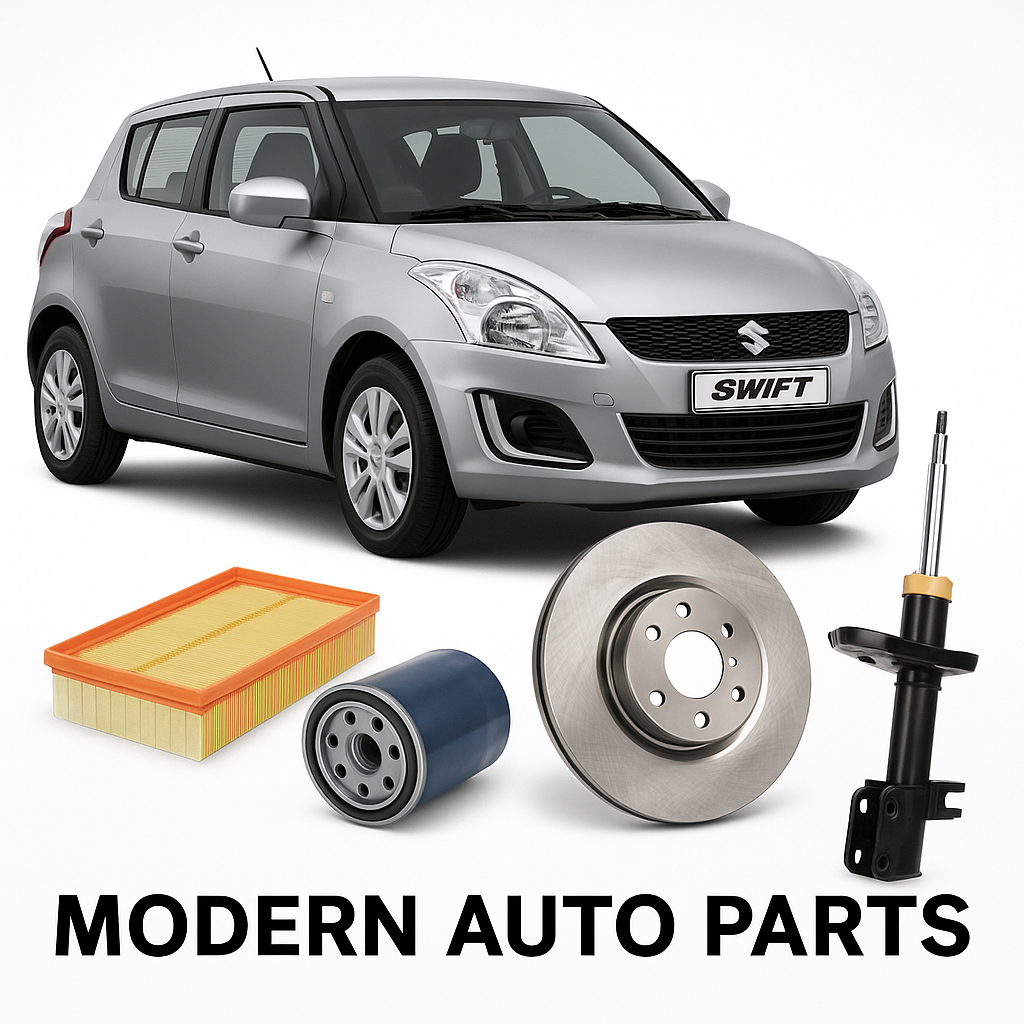 Suzuki Swift with air filter, oil filter, brake disc, and shock absorber – available at Modern Auto Parts South Africa