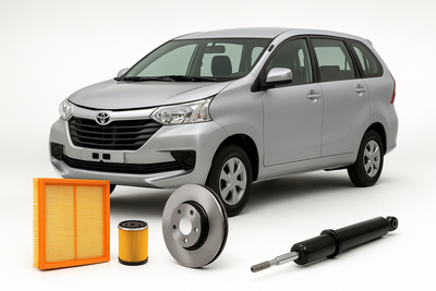 Toyota Avanza MPV with air filter, brake disc, oil filter, and shock absorber – available at Modern Auto Parts South Africa