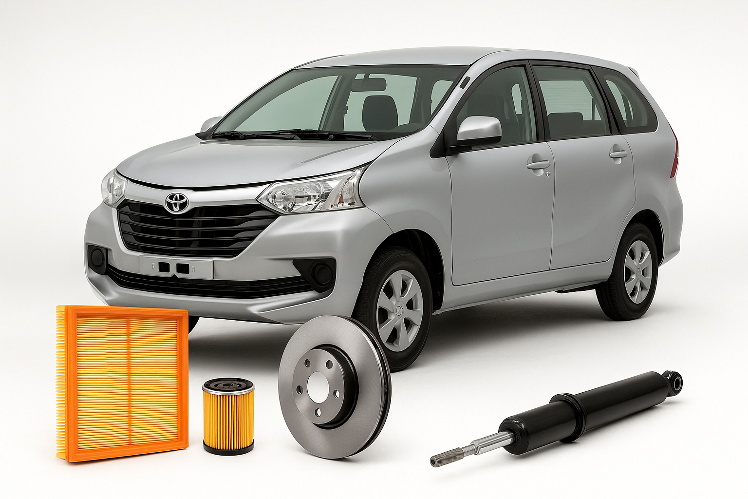 Toyota Avanza MPV with air filter, brake disc, oil filter, and shock absorber – available at Modern Auto Parts South Africa