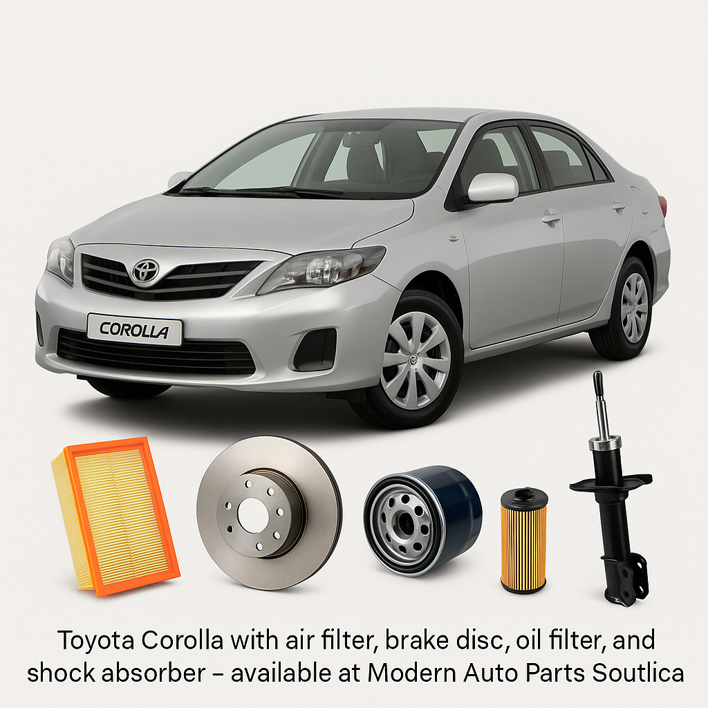 Toyota Corolla with air filter, brake disc, oil filter, and shock absorber – available at Modern Auto Parts South Africa