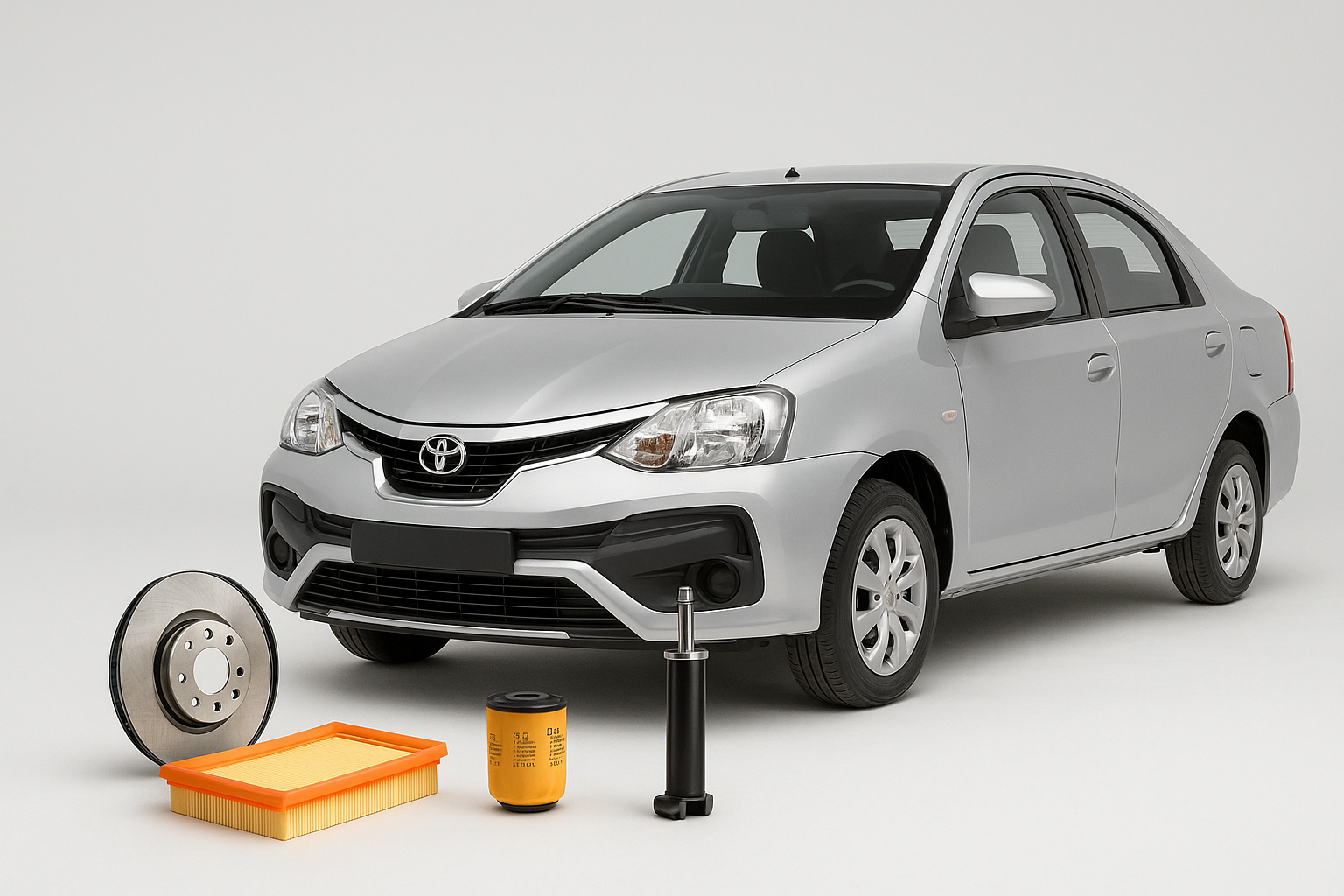 Toyota Etios sedan with air filter, brake disc, oil filter, and shock absorber – available at Modern Auto Parts South Africa