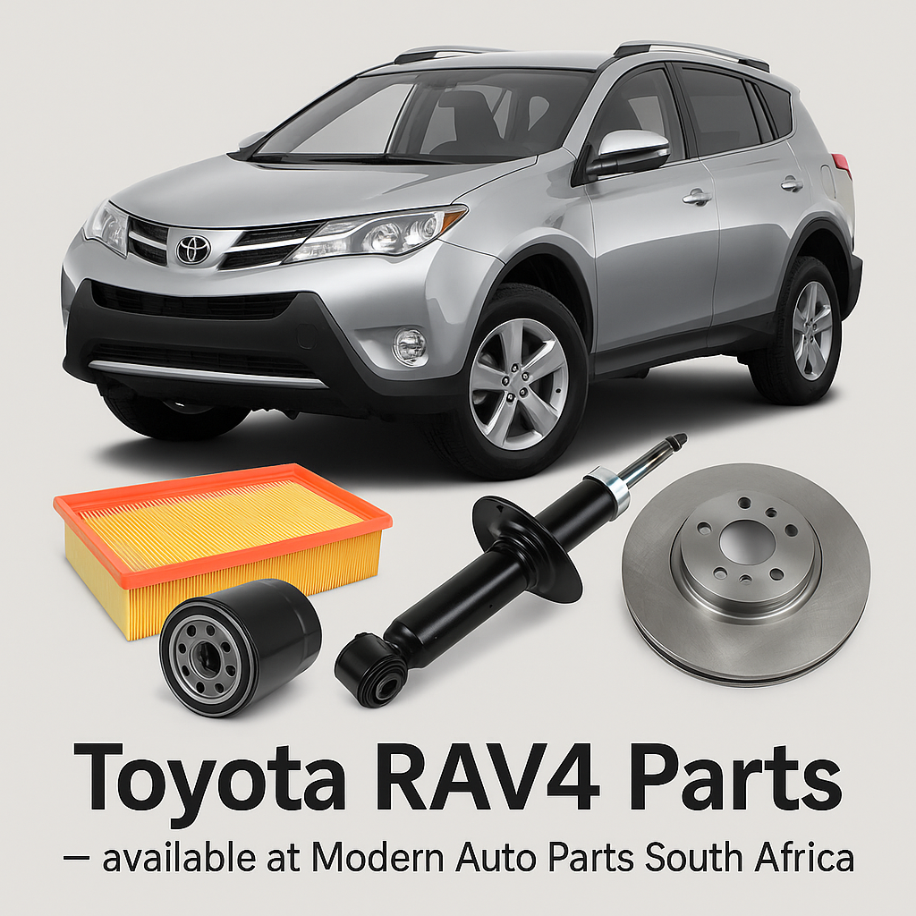 Toyota RAV4 SUV with air filter, oil filter, brake disc, and shock absorber – available at Modern Auto Parts South Africa