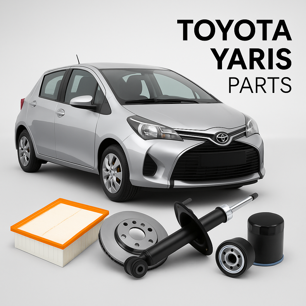 Toyota Yaris hatchback with air filter, oil filter, brake disc, and shock absorber – available at Modern Auto Parts South Africa