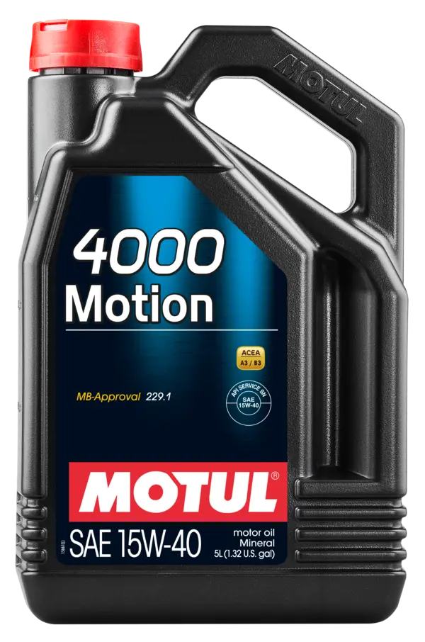 Motul 4000 Motion 15W40 5L Engine 100295 oil bottle, high-performance synthetic motor oil designed for fuel efficiency and engine protection.