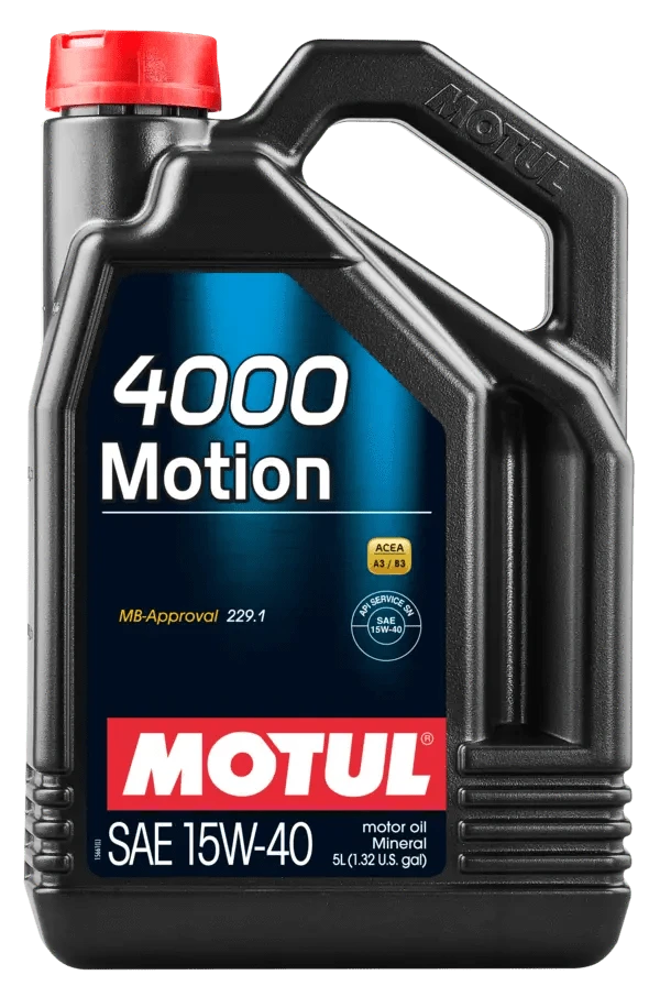 Motul 4000 Motion 15W40 5L Engine 100295 oil bottle, high-performance synthetic motor oil designed for fuel efficiency and engine protection.