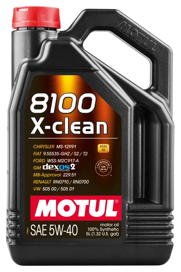 Motul 8100 X-Clean 5W40 5L Engine 102051 oil bottle, high-performance synthetic motor oil designed for fuel efficiency and engine protection.