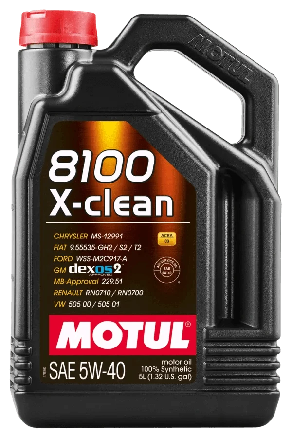 Motul 8100 X-Clean 5W40 5L Engine 102051 oil bottle, high-performance synthetic motor oil designed for fuel efficiency and engine protection.