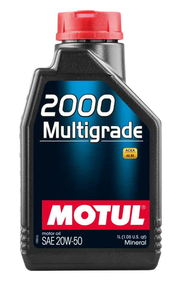 Motul 2000 Multigrade 20W50 1L Engine 102769 oil bottle, high-performance synthetic motor oil designed for fuel efficiency and engine protection.