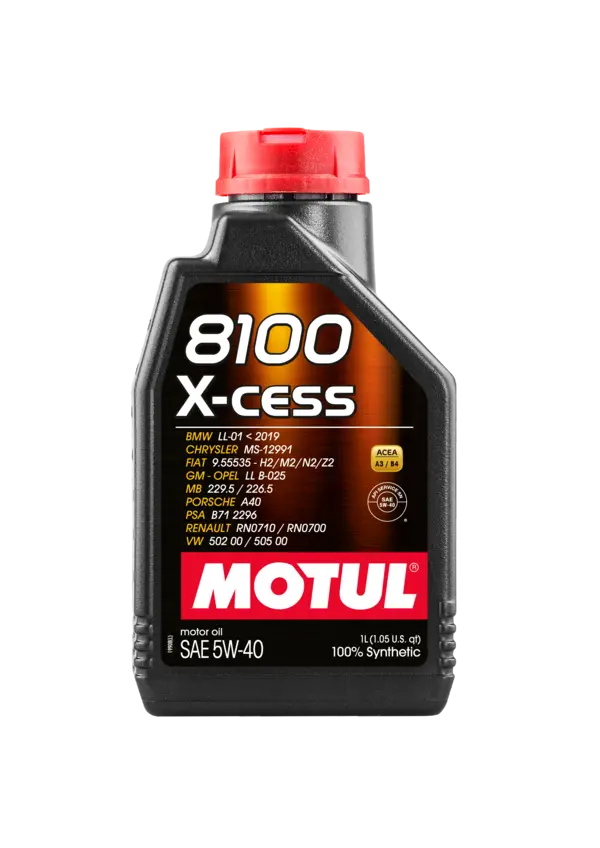 Motul 8100 X-Cess 5W40 1L Engine 102784 oil bottle, high-performance synthetic motor oil designed for fuel efficiency and engine protection.