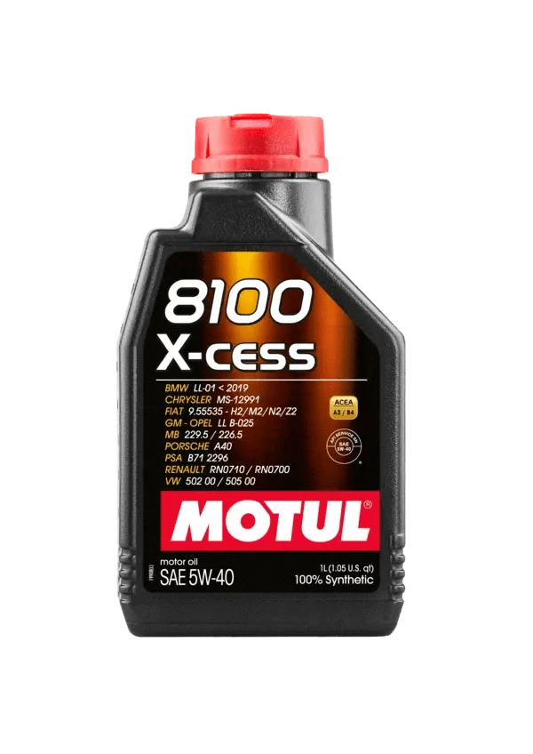 Motul 8100 X-Cess 5W40 1L Engine 102784 oil bottle, high-performance synthetic motor oil designed for fuel efficiency and engine protection.
