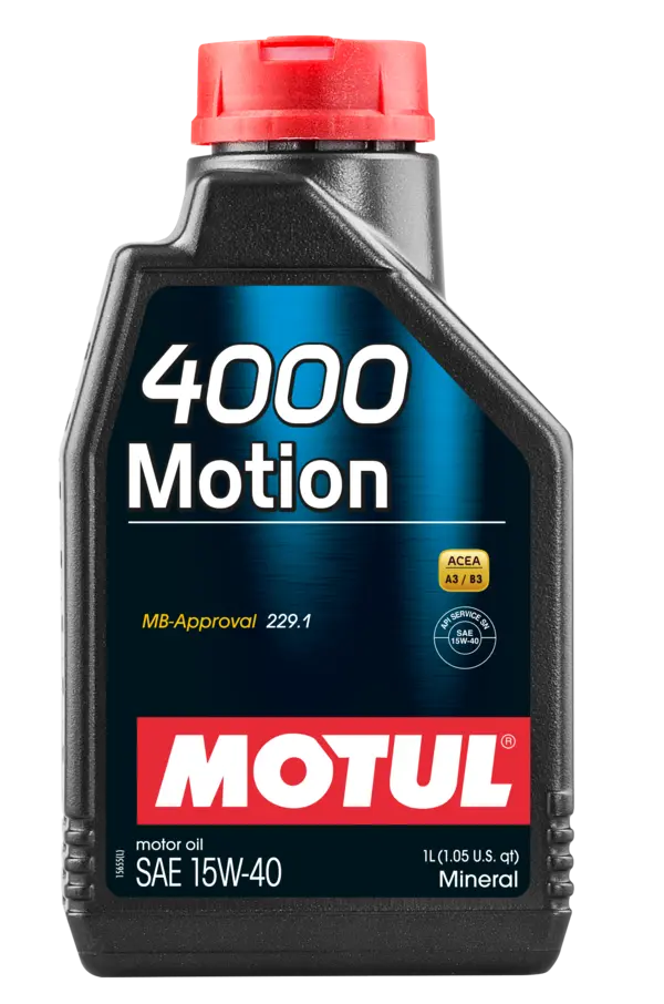 Motul 4000 Motion 15W40 1L Engine 102815 oil bottle, high-performance synthetic motor oil designed for fuel efficiency and engine protection.