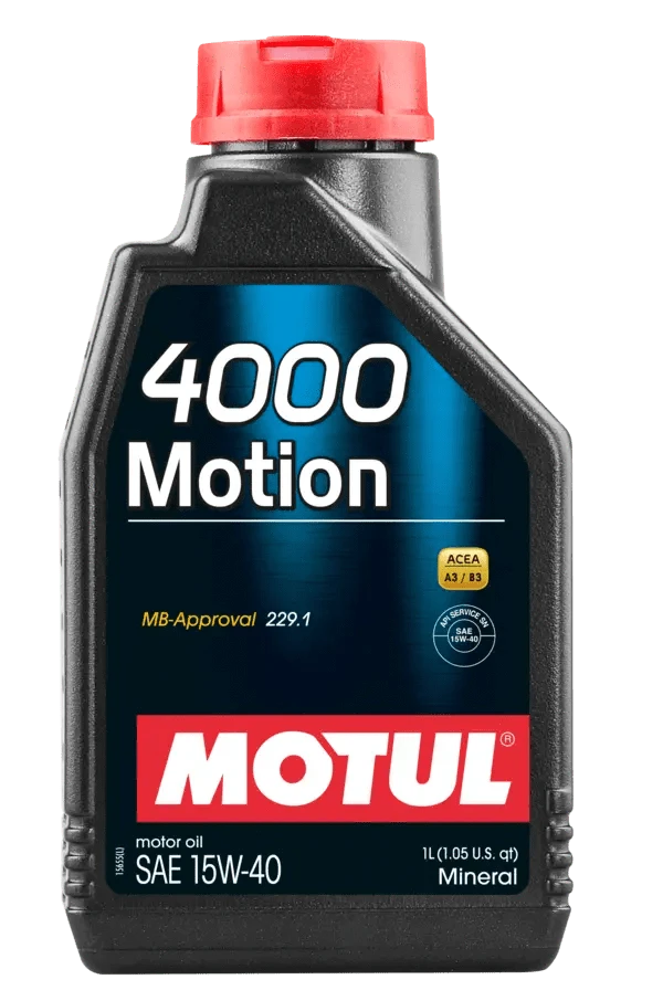 Motul 4000 Motion 15W40 1L Engine 102815 oil bottle, high-performance synthetic motor oil designed for fuel efficiency and engine protection.