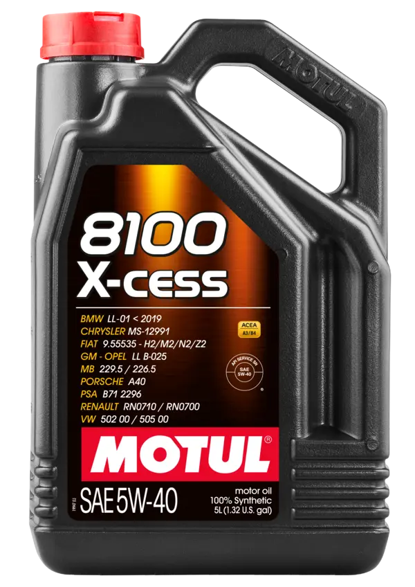 Motul 8100 X-Cess 5W40 5L Engine 102870 oil bottle, high-performance synthetic motor oil designed for fuel efficiency and engine protection.