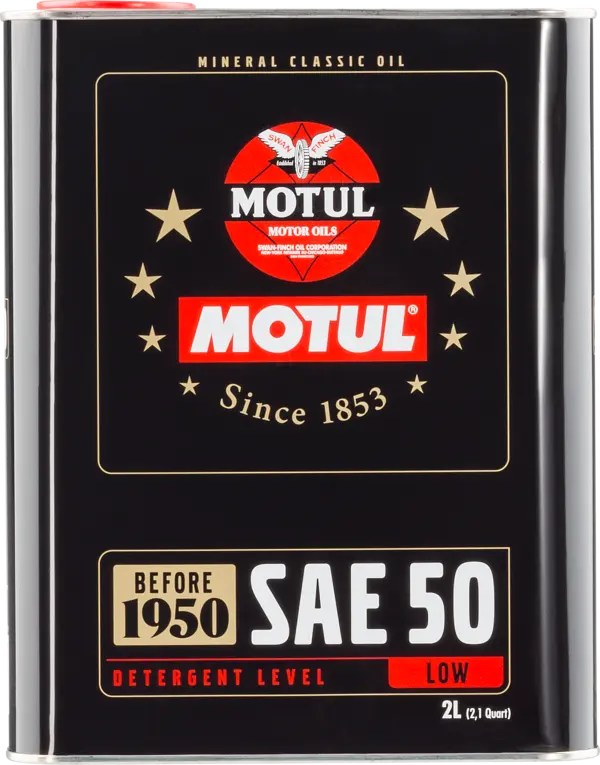 Motul Sae 50 2L (Classic) Engine 104510 oil bottle, high-performance synthetic motor oil designed for fuel efficiency and engine protection.