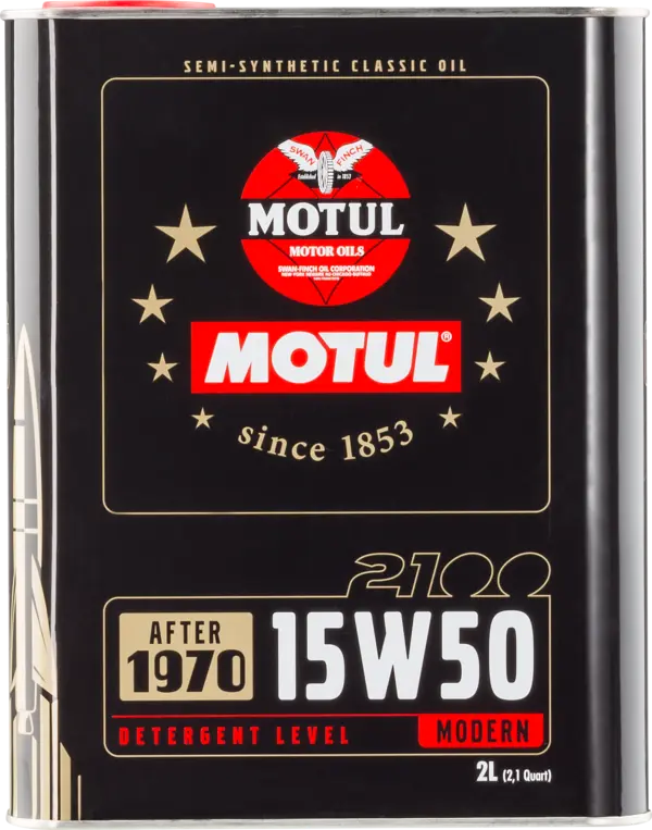 Motul 2100 15W50 2 (Classic) Engine 104512 oil bottle, high-performance synthetic motor oil designed for fuel efficiency and engine protection.