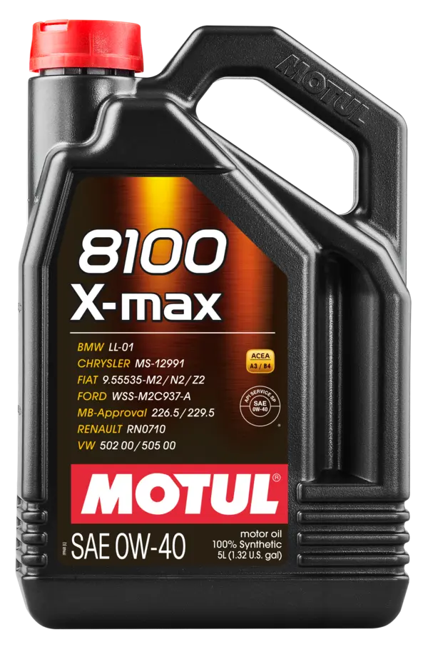 Motul 8100 X-Max 0W40 5L Engine 104533 oil bottle, high-performance synthetic motor oil designed for fuel efficiency and engine protection.