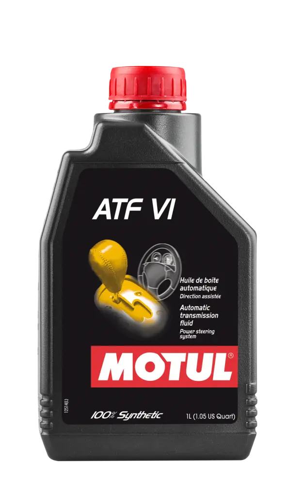 Motul Atf Vi 1L Gear And Transmission 105774 oil bottle, high-performance synthetic motor oil designed for fuel efficiency and engine protection.