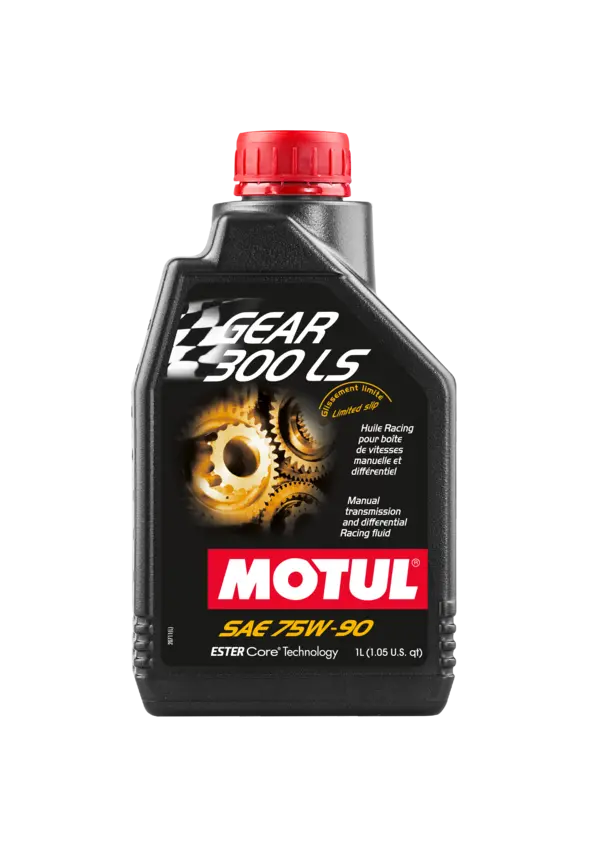 Motul Gear 300 Ls 75W90 1L Gear And Transmission 105778 oil bottle, high-performance synthetic motor oil designed for fuel efficiency and engine protection.