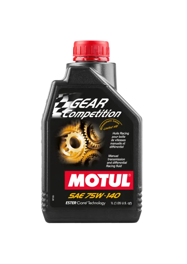 Motul Gear Comp 75W140 1L Gear And Transmission 105779 oil bottle, high-performance synthetic motor oil designed for fuel efficiency and engine protection.