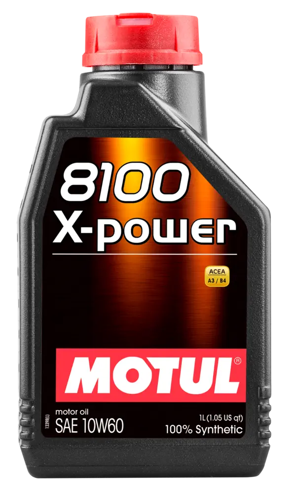 Motul 8100 X-Power 10W60 1L Engine 106142 oil bottle, high-performance synthetic motor oil designed for fuel efficiency and engine protection.