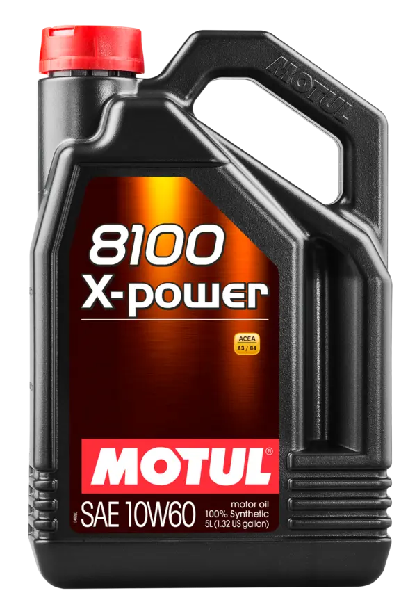 Motul 8100 X-Power 10W60 5L Engine 106144 oil bottle, high-performance synthetic motor oil designed for fuel efficiency and engine protection.