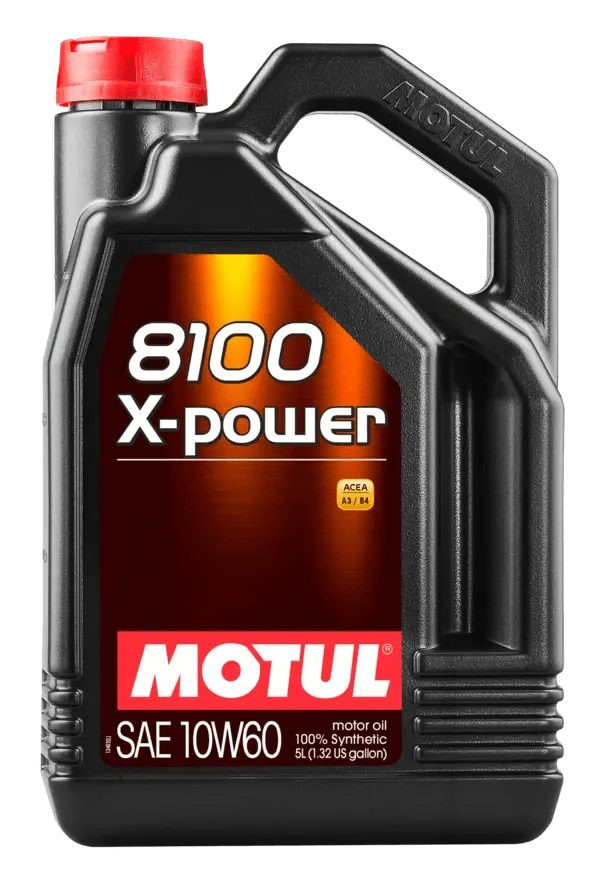 Motul 8100 X-Power 10W60 5L Engine 106144 oil bottle, high-performance synthetic motor oil designed for fuel efficiency and engine protection.