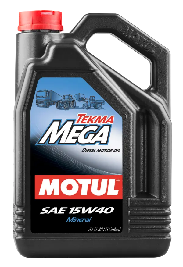 Motul Tekma Mega 15W40 5L Engine 106371 oil bottle, high-performance synthetic motor oil designed for fuel efficiency and engine protection.