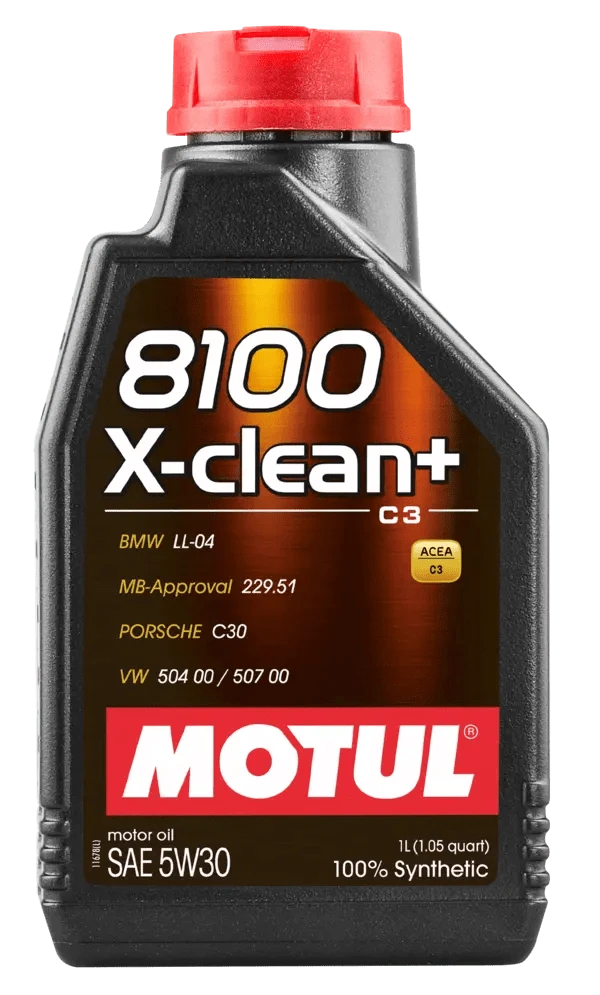 Motul 8100 X-Clean + 5W30 1L Engine 106376 oil bottle, high-performance synthetic motor oil designed for fuel efficiency and engine protection.
