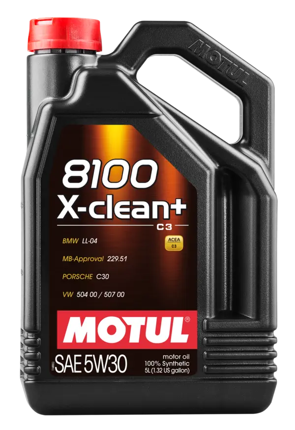 Motul 8100 X-Clean + 5W30 5L Engine 106377 oil bottle, high-performance synthetic motor oil designed for fuel efficiency and engine protection.