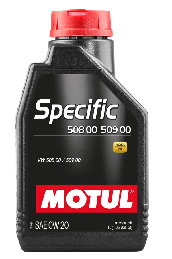 Motul Specific 508 00 509 00 0W20 1L Engine 107385 oil bottle, high-performance synthetic motor oil designed for fuel efficiency and engine protection.