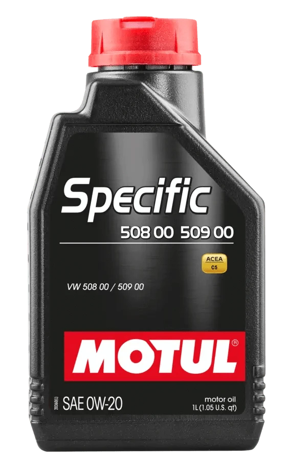 Motul Specific 508 00 509 00 0W20 1L Engine 107385 oil bottle, high-performance synthetic motor oil designed for fuel efficiency and engine protection.