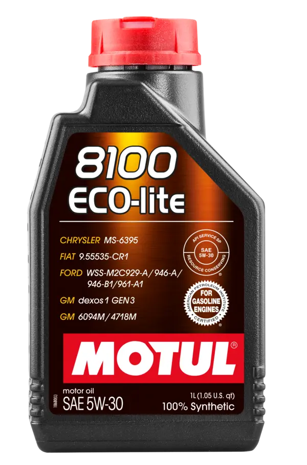 Motul 8100 Eco-Lite 5W30 1L Engine 108212 oil bottle, high-performance synthetic motor oil designed for fuel efficiency and engine protection.