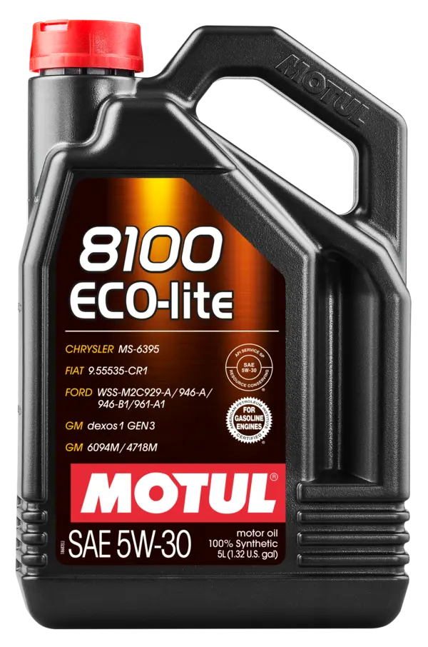 Motul 8100 Eco-Lite 5W30 5L Engine 108214 oil bottle, high-performance synthetic motor oil designed for fuel efficiency and engine protection.