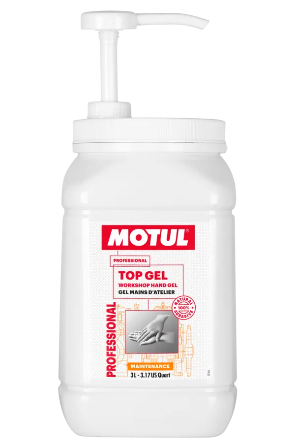 Motul Top Gel 3L Workshop 108728 oil bottle, high-performance synthetic motor oil designed for fuel efficiency and engine protection.