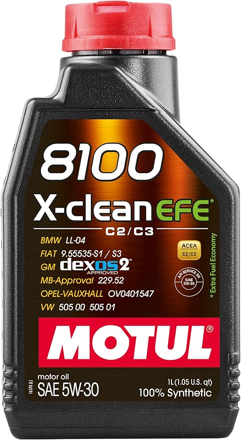 Motul 8100 X-Clean Efe 5W30 1L Engine 109470 oil bottle, high-performance synthetic motor oil designed for fuel efficiency and engine protection.